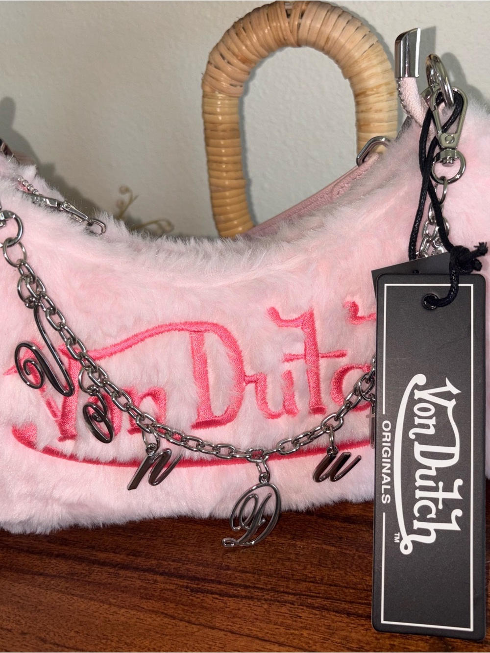 Von Dutch Pink Faux Fur Mini Shoulder Bag with Silver Chain Charms